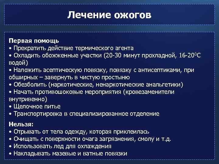 Лечение ожогов Первая помощь • Прекратить действие термического агента • Охладить обожженные участки (20