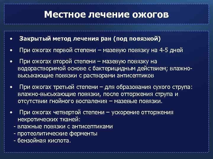 Местное лечение ожогов • Закрытый метод лечения ран (под повязкой) • При ожогах первой