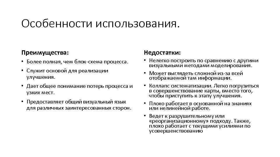 Особенности использования. Преимущества: Недостатки: • Более полная, чем блок-схема процесса. • Нелегко построить по