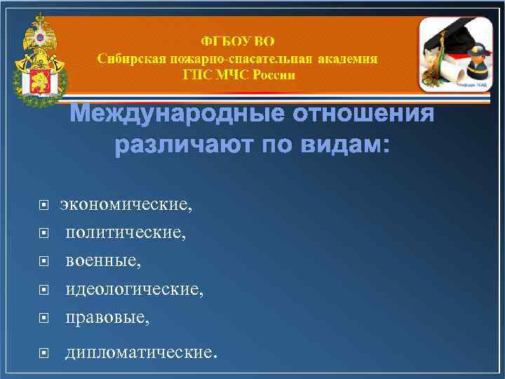 Международные отношения различают по видам: экономические, политические, военные, идеологические, правовые, дипломатические. 