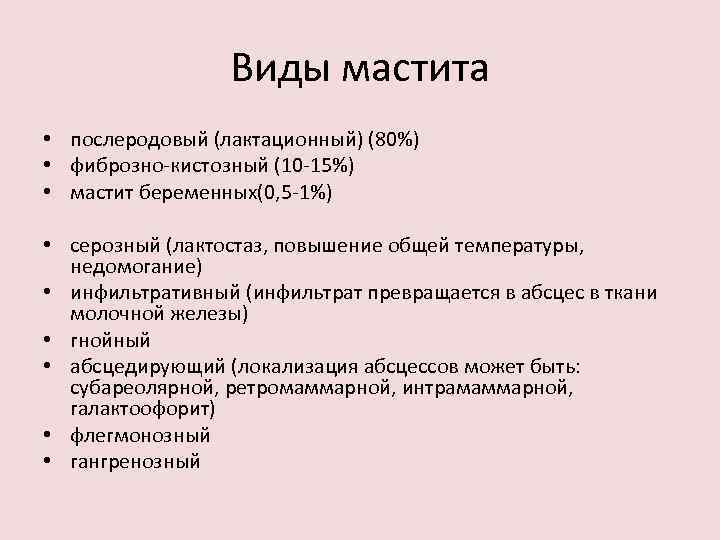 Виды мастита • послеродовый (лактационный) (80%) • фиброзно-кистозный (10 -15%) • мастит беременных(0, 5