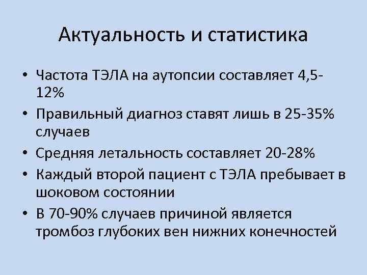 Актуальность и статистика • Частота ТЭЛА на аутопсии составляет 4, 512% • Правильный диагноз