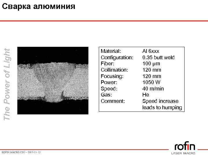The Power of Light Сварка алюминия ROFIN MACRO CD 5 – 2007 -11 -