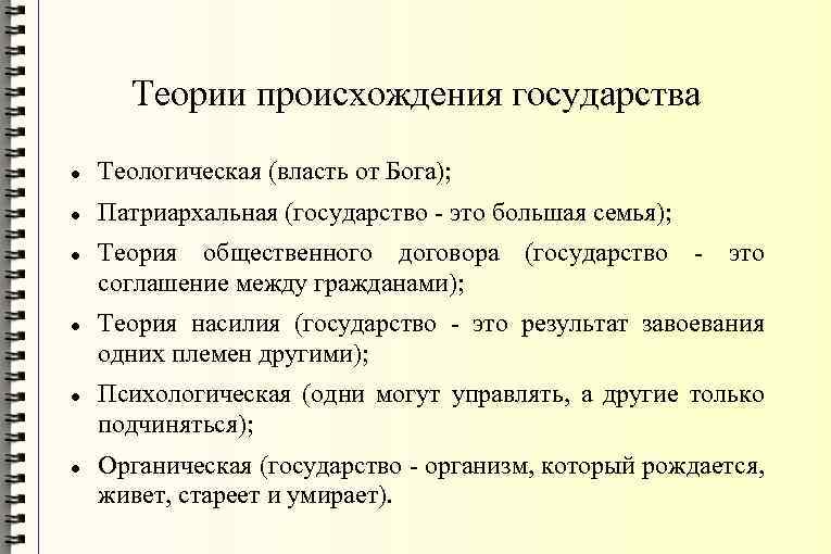 Теории происхождения государства Теологическая (власть от Бога); Патриархальная (государство - это большая семья); Теория