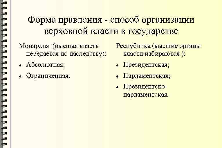 Форма правления - способ организации верховной власти в государстве Монархия (высшая власть передается по