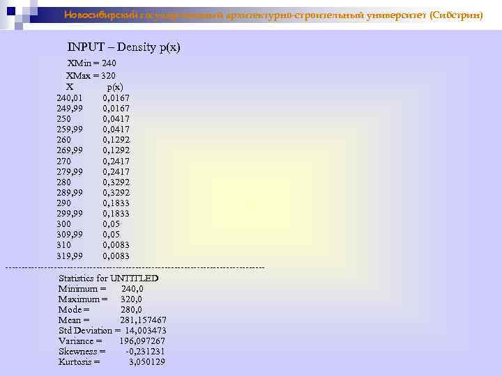 Новосибирский государственный архитектурно-строительный университет (Сибстрин) INPUT – Density p(x) XMin = 240 XMax =
