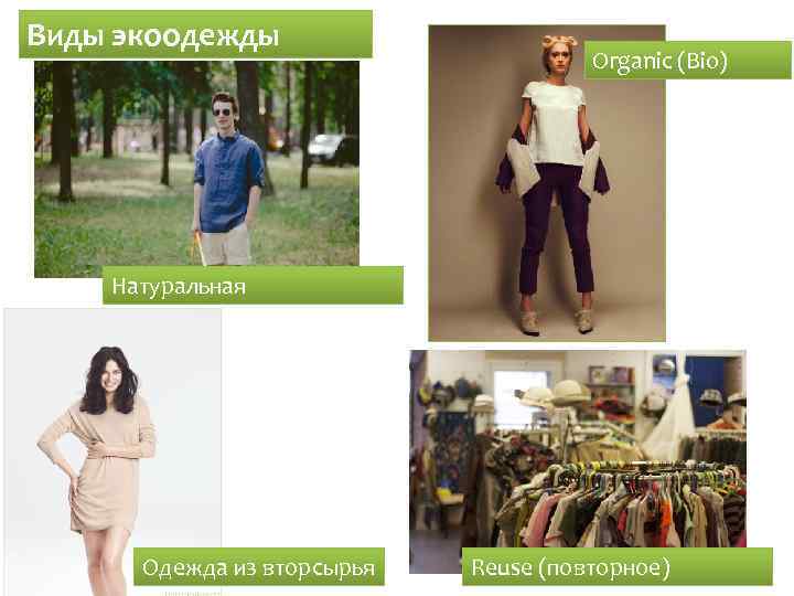 Виды экоодежды Organic (Bio) Натуральная Одежда из вторсырья Reuse (повторное) 