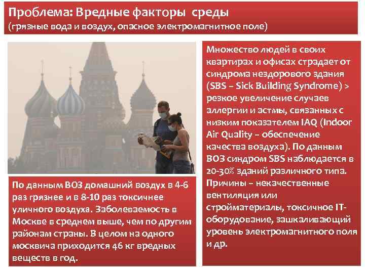 Проблема: Вредные факторы среды (грязные вода и воздух, опасное электромагнитное поле) По данным ВОЗ