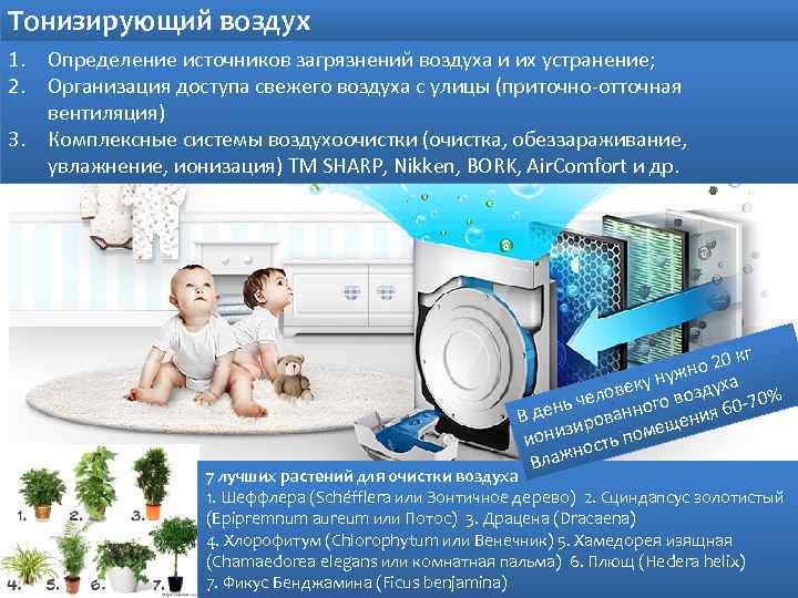 Тонизирующий воздух 1. Определение источников загрязнений воздуха и их устранение; 2. Организация доступа свежего