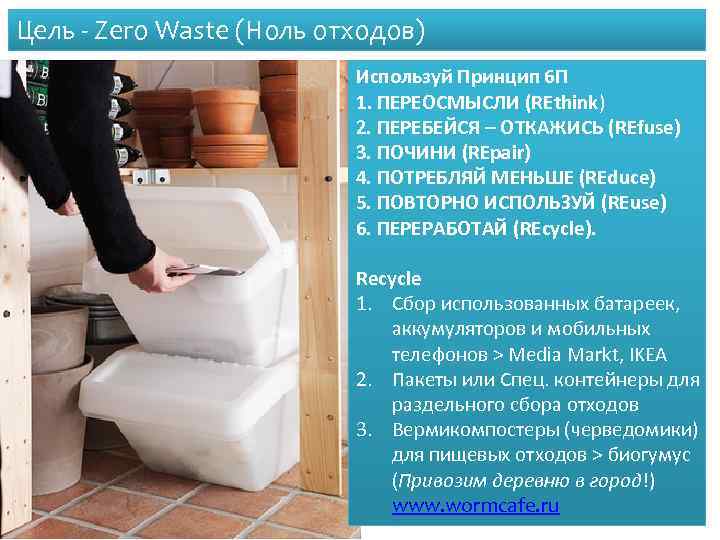 Цель - Zero Waste (Ноль отходов) Используй Принцип 6 П 1. ПЕРЕОСМЫСЛИ (REthink) 2.