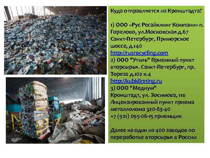 Куда отправляется из Кронштадта? 1) ООО «Рус Ресайклинг Компани» п. Горелово, ул. Московская д.