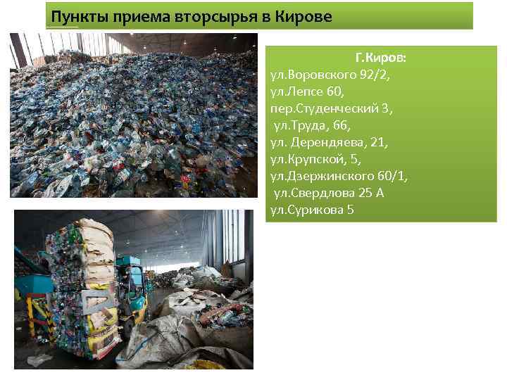 Пункты приема вторсырья в Кирове Г. Киров: ул. Воровского 92/2, ул. Лепсе 60, пер.
