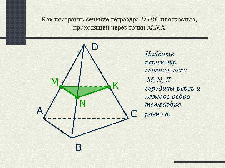 Как построить сечение тетраэдра DABC плоскостью, проходящей через точки M, N, K D M