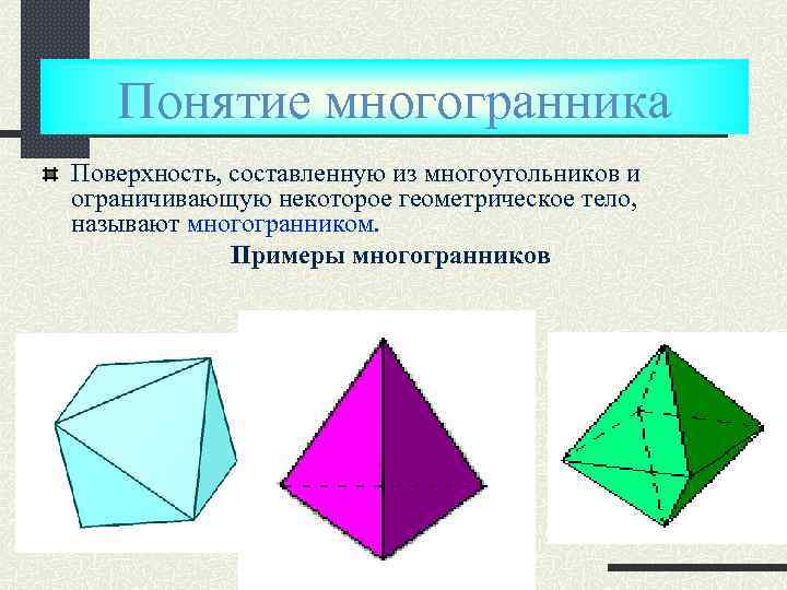 Понятие многогранника Поверхность, составленную из многоугольников и ограничивающую некоторое геометрическое тело, называют многогранником. Примеры