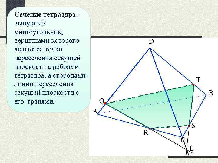 Сечение тетраэдра выпуклый многоугольник, вершинами которого являются точки пересечения секущей плоскости с ребрами тетраэдра,