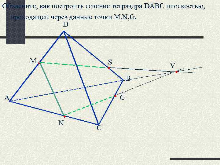 Объясните, как построить сечение тетраэдра DABC плоскостью, проходящей через данные точки M, N, G.