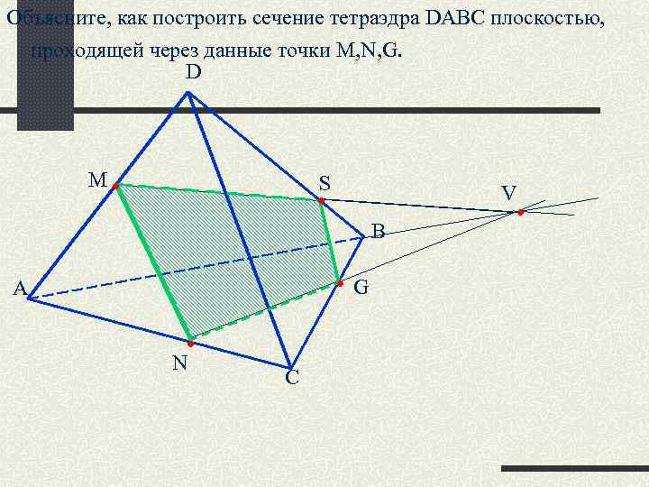 Объясните, как построить сечение тетраэдра DABC плоскостью, проходящей через данные точки M, N, G.