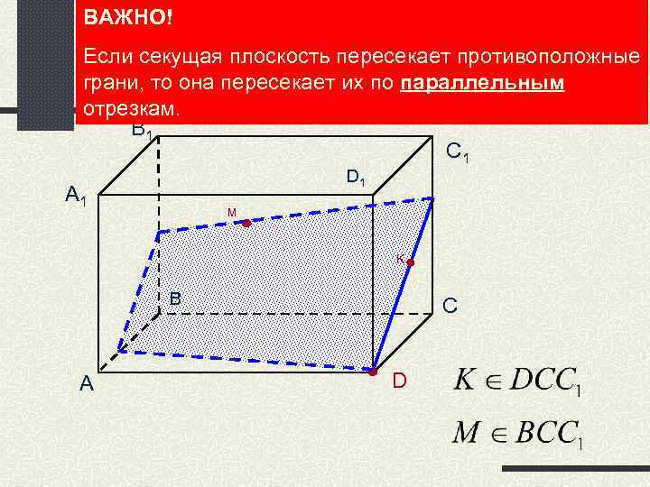 ВАЖНО! Если секущая плоскость пересекает противоположные грани, то она пересекает их по параллельным отрезкам.