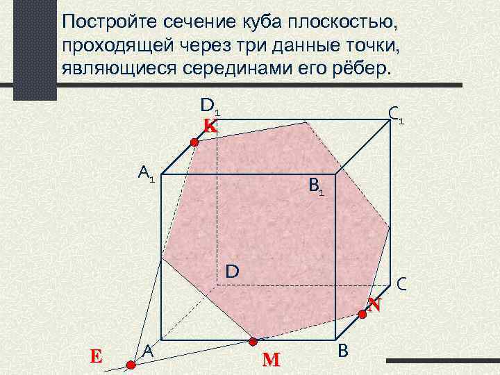 Постройте сечение куба плоскостью, проходящей через три данные точки, являющиеся серединами его рёбер. D