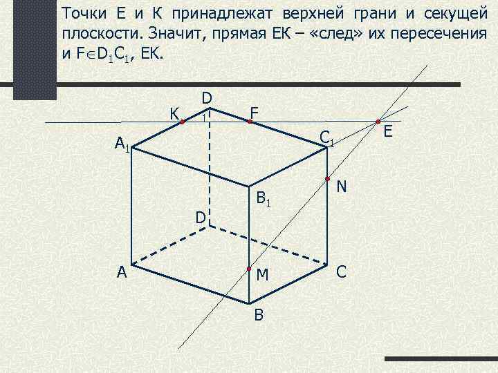 Точки Е и К принадлежат верхней грани и секущей плоскости. Значит, прямая ЕК –