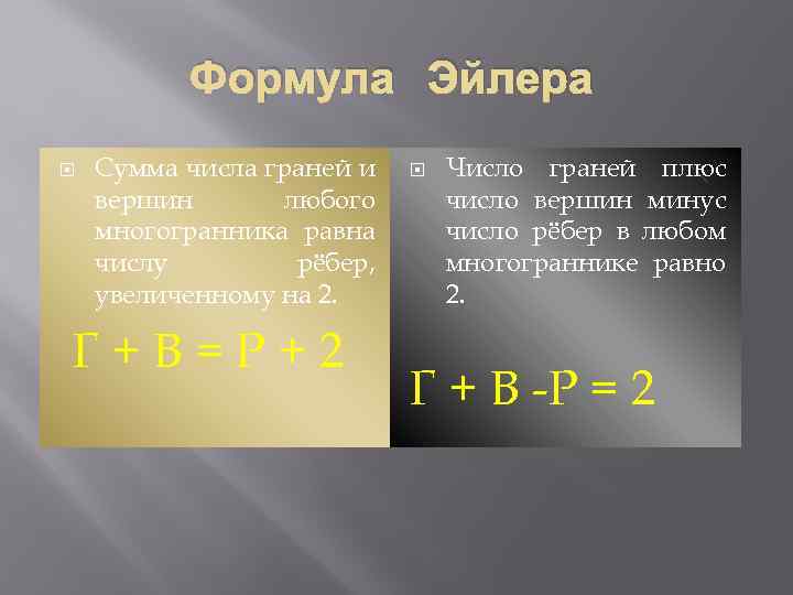Формула Эйлера Сумма числа граней и вершин любого многогранника равна числу рёбер, увеличенному на