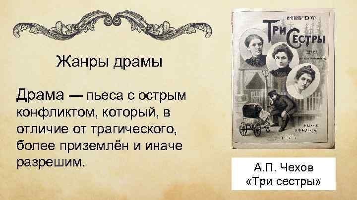 Жанры драмы Драма — пьеса с острым конфликтом, который, в отличие от трагического, более