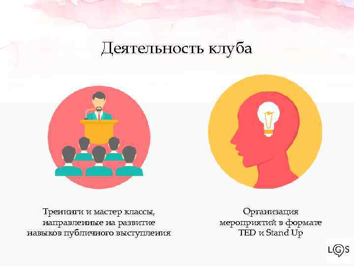 Деятельность клуба Тренинги и мастер классы, направленные на развитие навыков публичного выступления Организация мероприятий