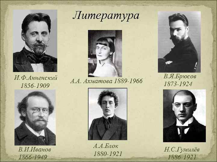 Литература И. Ф. Анненский 1856 -1909 В. И. Иванов 1866 -1949 А. А. Ахматова