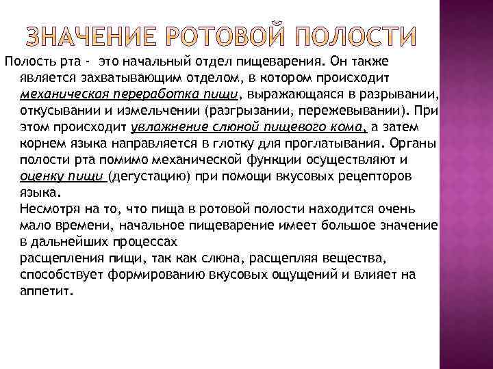 Полость рта - это начальный отдел пищеварения. Он также является захватывающим отделом, в котором