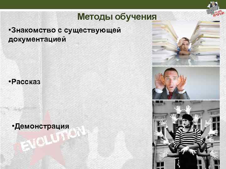 Методы обучения • Знакомство с существующей документацией • Рассказ • Демонстрация 