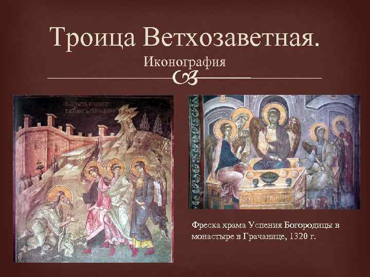 Троица Ветхозаветная. Иконография Фреска храма Успения Богородицы в монастыре в Грачанице, 1320 г. 