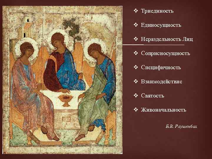 v Триединость v Единосущность v Нераздельность Лиц v Соприсносущность v Специфичность v Взаимодействие v