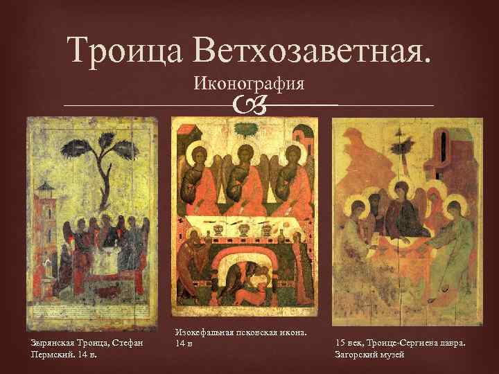Троица Ветхозаветная. Иконография Зырянская Троица, Стефан Пермский. 14 в. Изокефальная псковская икона. 14 в