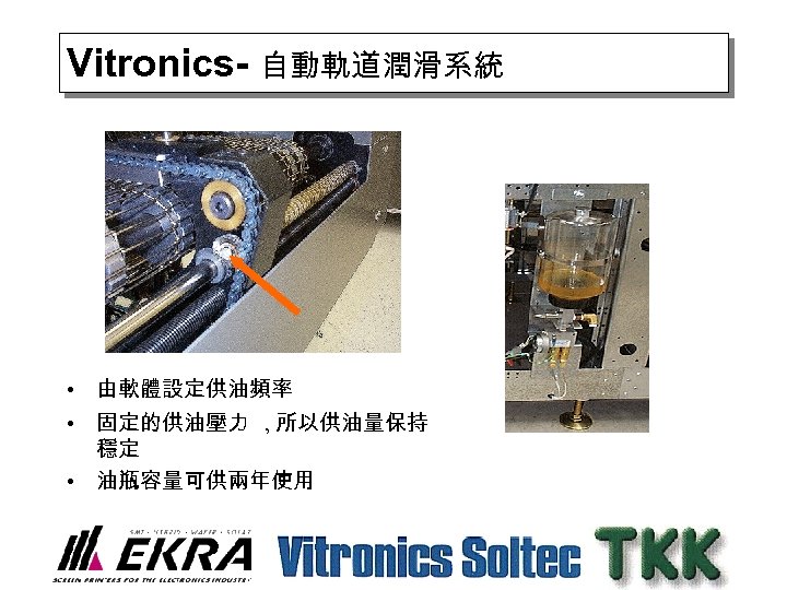 Vitronics- 自動軌道潤滑系統 • 由軟體設定供油頻率 • 固定的供油壓力 , 所以供油量保持 穩定 • 油瓶容量可供兩年使用 