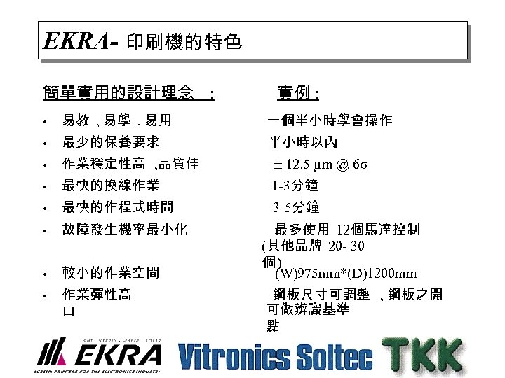 EKRA- 印刷機的特色 簡單實用的設計理念 : 實例 : • 易教 , 易學 , 易用 一個半小時學會操作 •