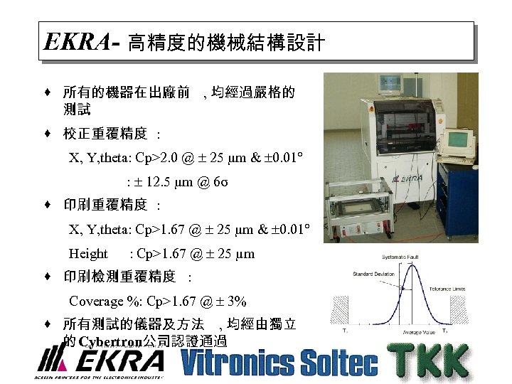 EKRA- 高精度的機械結構設計 · 所有的機器在出廠前 , 均經過嚴格的 測試 · 校正重覆精度 : X, Y, theta: Cp>2.