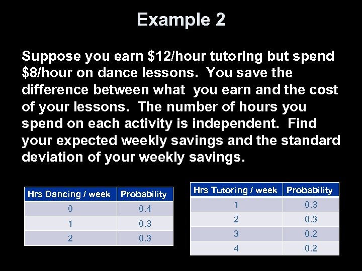 Example 2 Suppose you earn $12/hour tutoring but spend $8/hour on dance lessons. You