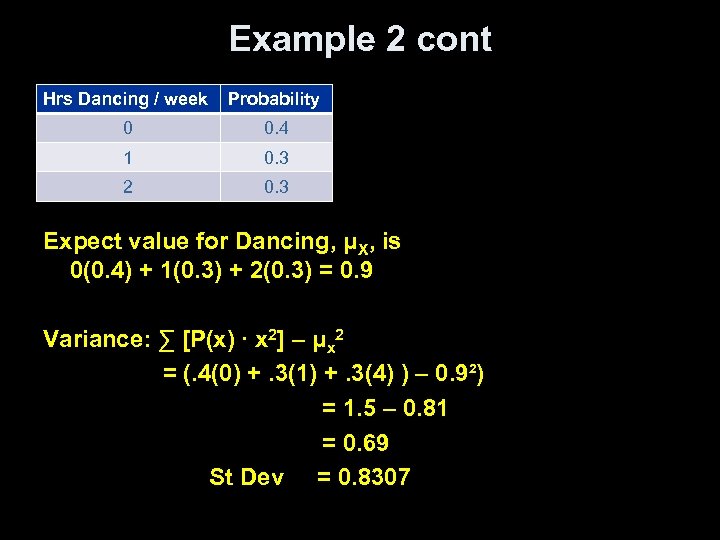 Example 2 cont Hrs Dancing / week Probability 0 0. 4 1 0. 3
