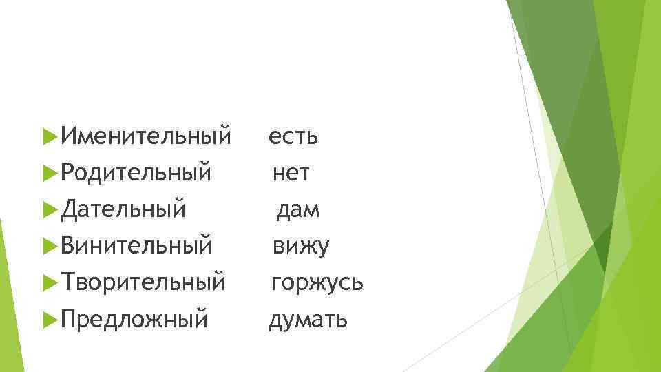  Именительный Родительный Дательный Винительный Творительный Предложный есть нет дам вижу горжусь думать 