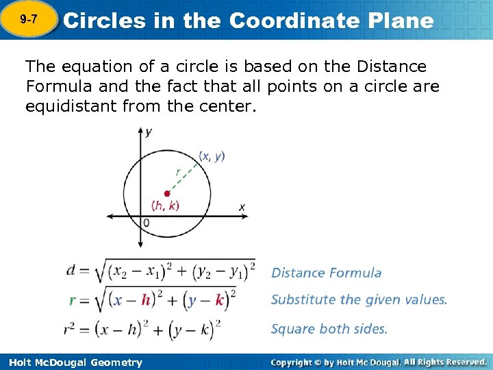 9 -7 Circles in the Coordinate Plane The equation of a circle is based