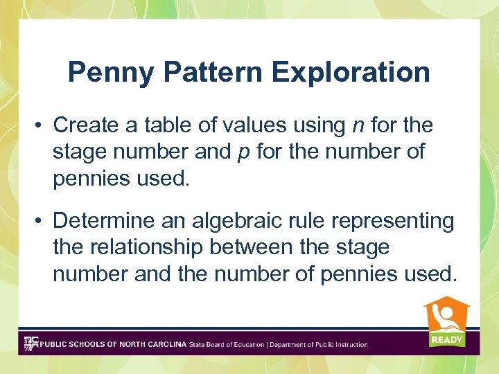 Penny Pattern Exploration • Create a table of values using n for the stage