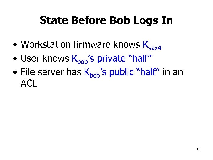 State Before Bob Logs In • Workstation firmware knows Kvax 4 • User knows