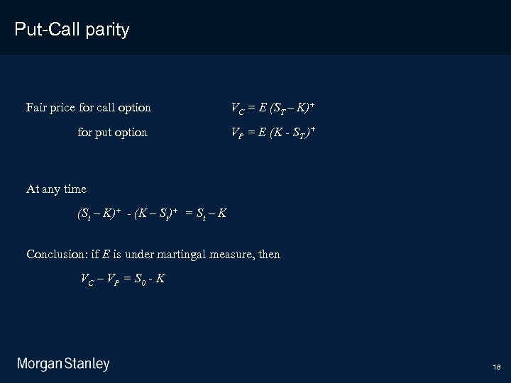 3/18/2018 Put-Call parity Fair price for call option VC = E (ST – K)+