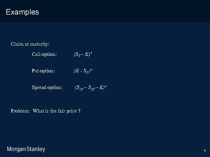 3/18/2018 Examples Claim at maturity: Call option: (ST – K)+ Put option: (K -