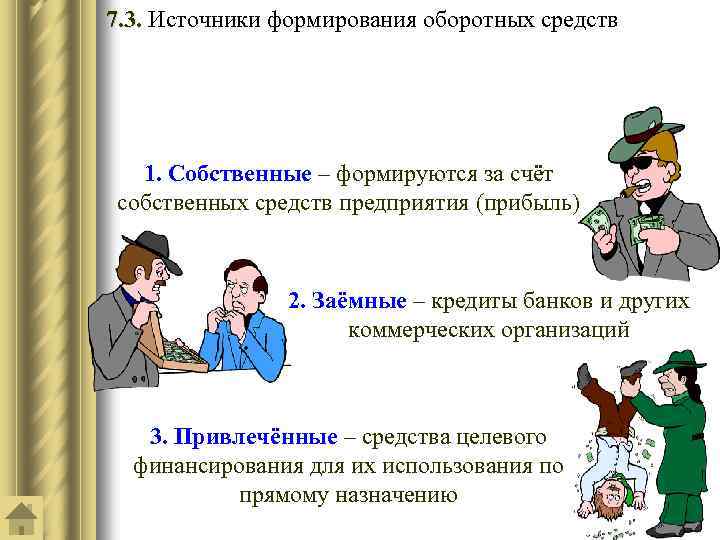 7. 3. Источники формирования оборотных средств 1. Собственные – формируются за счёт собственных средств