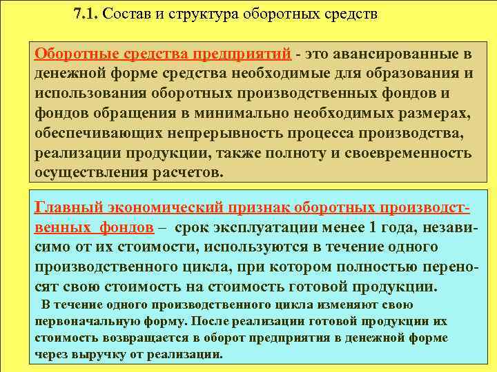 7. 1. Состав и структура оборотных средств Оборотные средства предприятий - это авансированные в