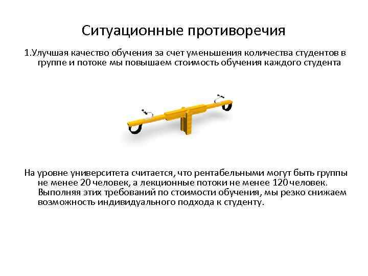 Ситуационные противоречия 1. Улучшая качество обучения за счет уменьшения количества студентов в группе и