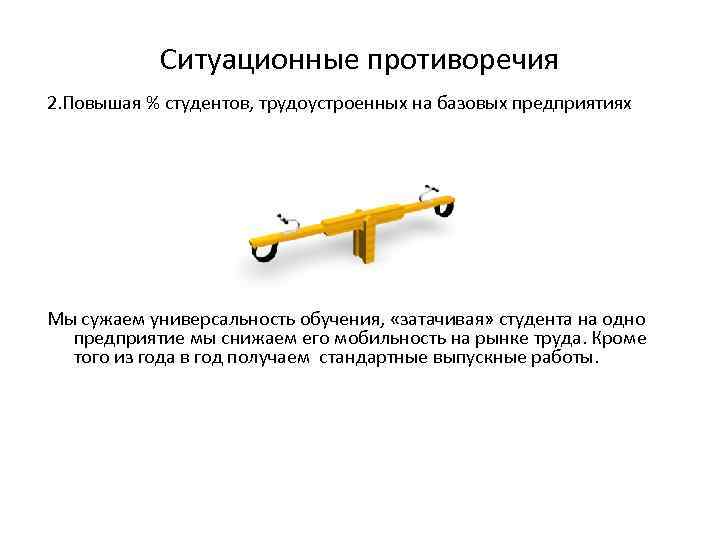 Ситуационные противоречия 2. Повышая % студентов, трудоустроенных на базовых предприятиях Мы сужаем универсальность обучения,