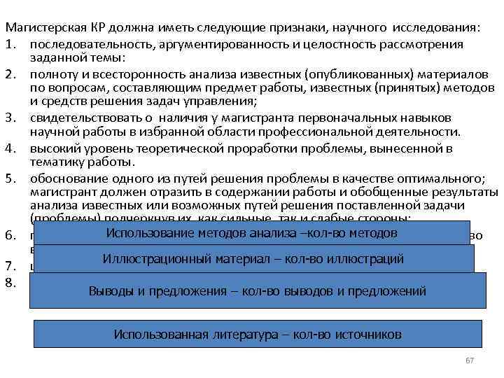 Магистерская КР должна иметь следующие признаки, научного исследования: 1. последовательность, аргументированность и целостность рассмотрения