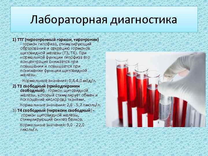 Лабораторная диагностика 1) ТТГ (тиреотропный гормон, тиротропин) - гормон гипофиза, стимулирующий образование и секрецию